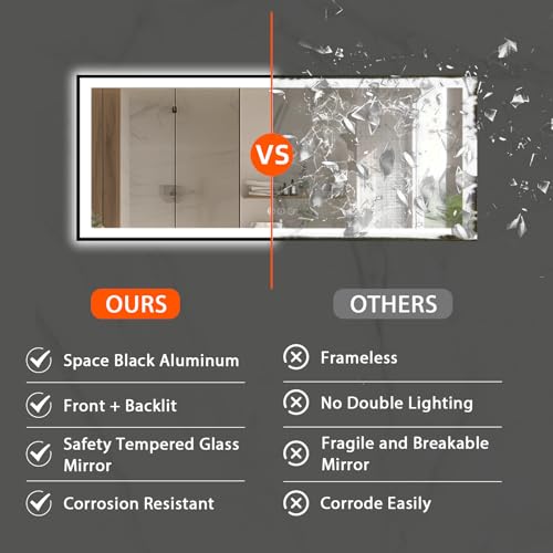 72x32 Large Lighted Bathroom Mirror, Black Rim(Front and Backlit), 3 Colors and Dimmable Vanity Mirror, Tempered Glass, IP54 Enhanced Anti-Fog, Anti-Corrosion, Memory (Horizontal/Vertical)