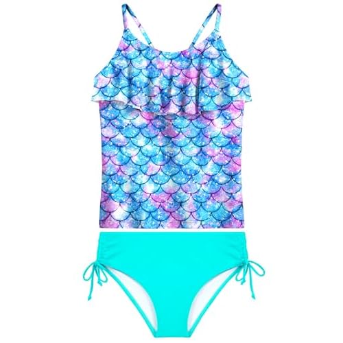 HOZIY Girls Swimsuit 2 Piece Tankini with Adjustable Straps Drawstring Shorts Ruffle Bathing Suit for 5-16Y 13-14 Years Blue Mermaid
