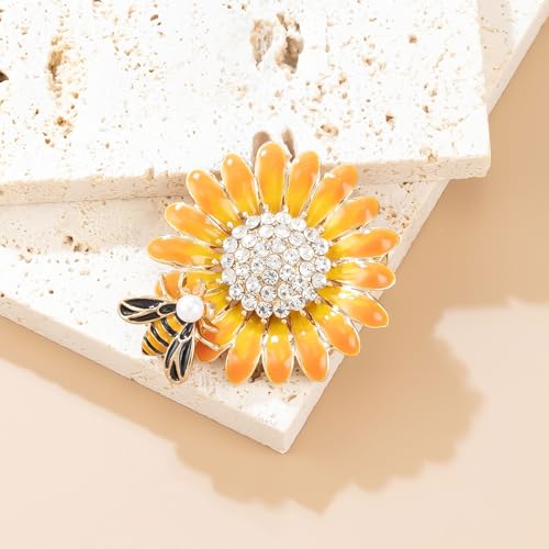 Image of YOQUCOL Sunflower Honeybee Bee Brooch Pin with Bright Austrian Cubic Zirconia Crystal For Women