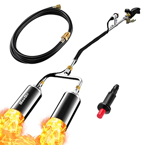 Heavy Duty Propane Torch Weed Burner High Output 500,000 BTU, Seesii 2X Efficiency Double Nozzles Weed Torch Wand with Push Button and 6.5 ft Hose for Ice Snow Melter, Roofing, Roads,Garden Weeds