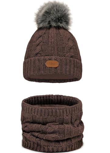 Alur Mütze Kinder Unisex Beanie mit Loop Schal Set Wintermütze Strickmütze mit Bommel - Warme Elastisch Elegant Winter Mütze Schal Eko Bommelmütze - Weiches Garn Stilvoll Warm (Braun)