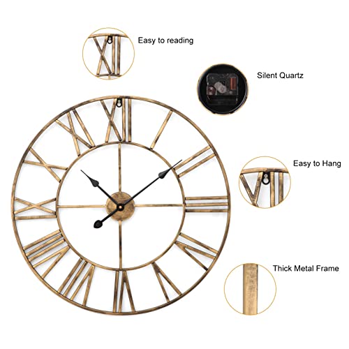 YORKING Large Vintage Wall Clock with Roman Numerals, Silent Non-Ticking Clocks for Living Room, Bedroom, Kitchen, Outdoor, Garden Clock for Home Décor (Bronze - 60cm) - Image 6