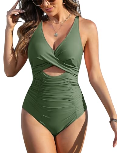 FemiChic Costume Intero Donna Contenitivo Costumi da Bagno Interi Curvy Taglie Forti Pancia Piatta Mare Piscina Modellante Push up Imbottito Un Pezzo(Verde,S)