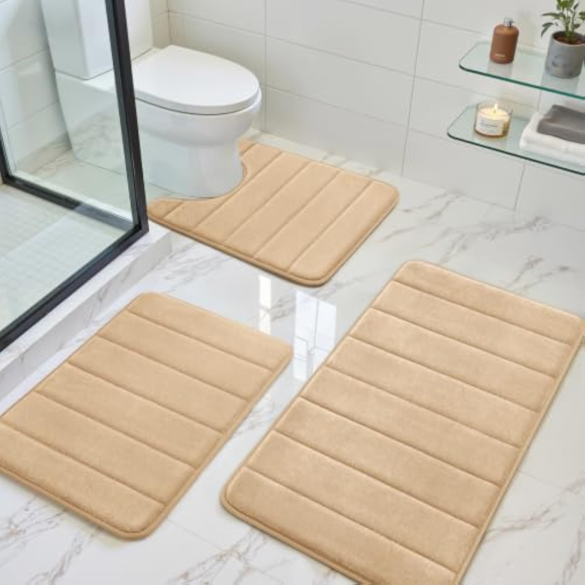 Beige/Camel 3 Piece Non Slip Bathroom Rug Set