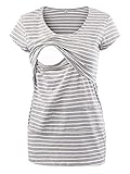 [page_title]-Love2Mi Frauen Umstandsmode Layered Unregelmäßige Pflege Shirt Stillshirt Kurzarm Zum Stillen (L, Graue Weiß Streifen)