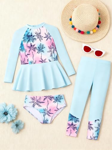 Image of GRACE KARIN Girls Long Sleeve Swimsuit Mermaid Bathing Suit Rash Guard Swimwear 4 Piece Size 5-12