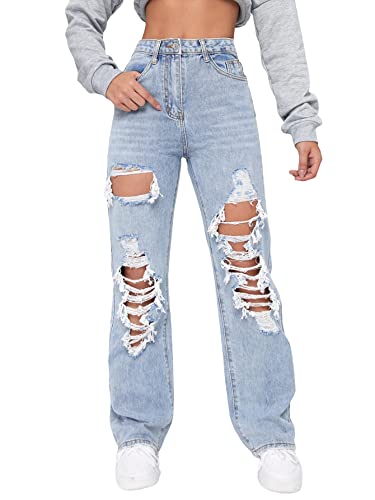 Floerns Women's High Waist Straight Leg Ripped Jeans Distressed Denim Pants Pale Blue L #TOP10