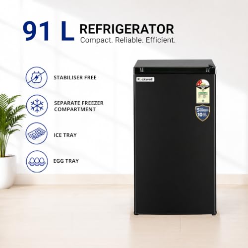 Image of ROCKWELL Mini Fridge with Freezer, 2 Star Rated | 5 Year Warranty, Direct Cool Technology, Compact Build, Ideal for Bedrooms & Small Spaces