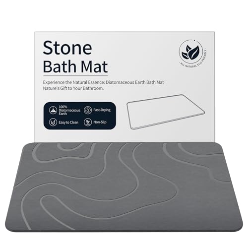 Stone Bath Mat Diatomaceous Earth Shower Mat Non-Slip Super Absorbent Diatomite Stone Mats for Bathroom Floor Quick-Drying Easy to Clean (24”*16” Grey)
