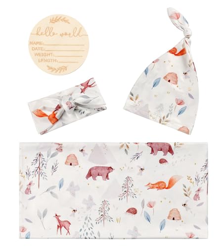 Image of Newborn Swaddle Set, Grey and White Fox, Beanie and Headband