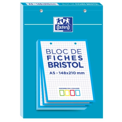 Lot de 10 Bloc collé de 30 fiches perforées A5, en bristol blanc 210 g/m², quadrillé 5x5, bords bleus