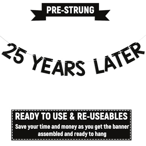 Image of 25 Years Later Banner - Quarter Life Crisis Decor, Cheers to 25 Years, Happy 25th Birthday Anniversary Party Decorations Black Glitter