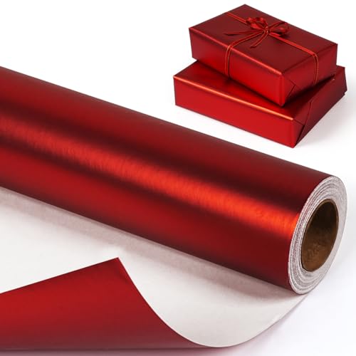 Rote Geschenkpapierrolle, Metallisches rotes Geschenkpapier, Einfarbiges und mattes rotes Geschenkpapier Glitzer, Rot Geschenkpapierrolle für Weihnachten Geburtstag Hochzeit Valentinstag, 43 cm x 10 m