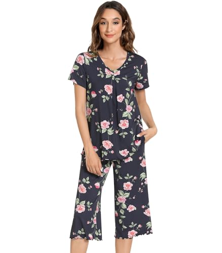 Image of NACHILA Women's Pajama Sets Cooling Bamboo Viscose V-Neck Top & Capri Pants | Lightweight, Breathable, Moisture-Wicking, Buttery Soft, Ideal for Hot Sleepers, Night Sweats and Hot Flashes, Sleep & Lounge