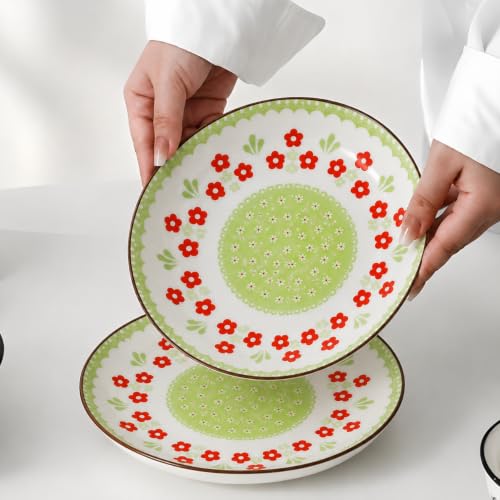 Image of Ceramic Pasta Plates, Green Floral Printed Deep Dinner Plates, Serving Plates, Microwave & Dishwasher Safe, Ceramic Plates for Pasta, Salad, Noodles & Biryani (Green & Red Floral Design, PACK OF 2)