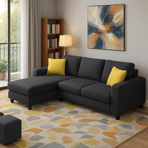 Image of Casaliving Rolando 4 Seater L Shape Sofa Set with 2 Puffy for Living Room (Black) Left Side Sofa Set for Living Room | Hall| Office Room