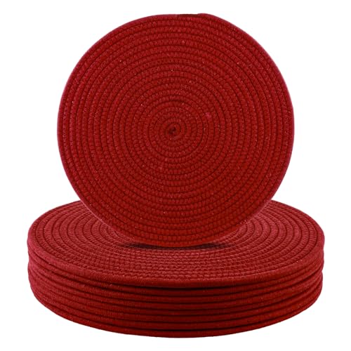 Aertiavty Round Woven Placemats Set of 8 Heat Resistant Placemats 135 Inches Farmhouse Cotton Rope Place Mats for Dining Tables Trivets for Hot Dishes Burgundy