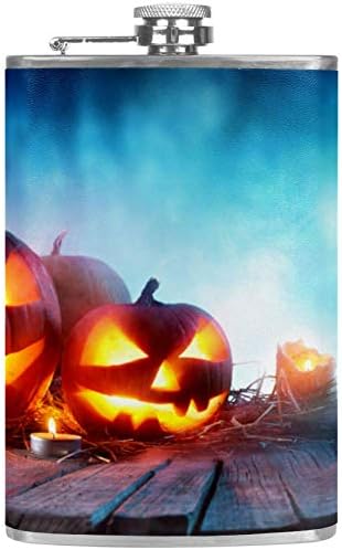 Hip Flask for Liquor Stainless Steel Leakproof with Funnel Leather Cover 8 oz Drinking of Alcohol, Whiskey, Rum and Vodka  for Men Stainless Steel Flask Halloween Pumpkins On Wood