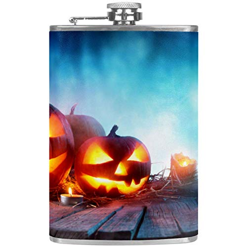 Hip Flask For Liquor Stainless Steel Leakproof With Funnel Leather Cover 8 Oz Drinking Of Alcohol, Whiskey, Rum And Vodka  For Men Stainless Steel Flask Halloween Pumpkins On Wood #TOP3