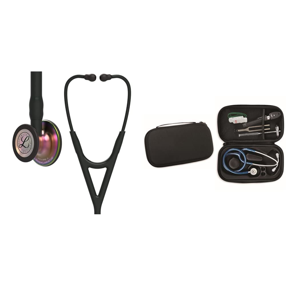 3M Littmann Cardiology IV, Stetoscopio diagnostico, testina con finitura arcobaleno, tubo auricolare nero, 6165 + GIMA ASTUCCIO PORTA FONENDO, Nero, Uso Professionale