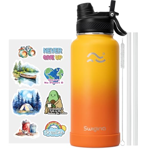 Image of Swigina [2-IN-1 LID] Insulated Water Bottle with Silicone Boot (36hrs Cold /18hrs Hot) - DIY Stickers, Leakproof, BPA Free, 32 oz