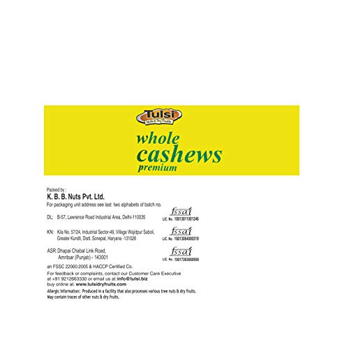 Image of Tulsi Whole Cashew Premium (Grade W320) 200g | Handpicked Kaju Nuts | Premium Cashew Nuts | Raw Cashews | Rich in Protein | Source of Dietary Fiber | Whole Kaju | Farm Sourced (Pack of 3)