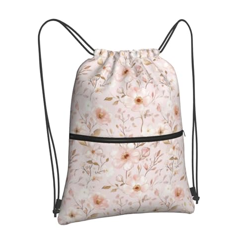 Elegant Floral Pink Drawstring Bags Gym Bag For Women Men Beach With Zipper Pocket Bag Outdoor 18 * 15.3 Inches2