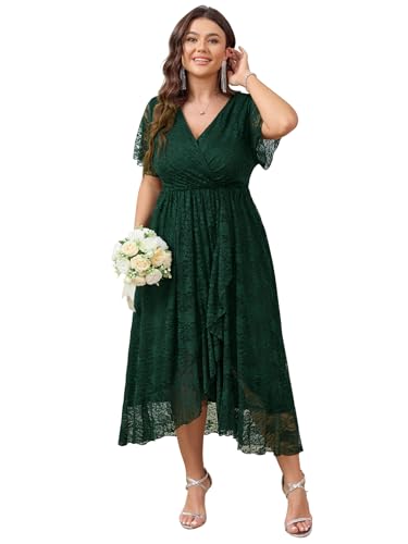 Image of SCOMCHIC Womens Plus Size Wedding Guest Dress Formal Lace Wrap V Neck High Low Short Sleeve Cocktail Maxi Dresses XL-4XL
