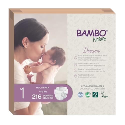 Image of Bambo Nature Hypoallergenic Baby Diapers, Eco-Labelled Sustainable Diapers, Enhanced Leakage Protection, Totally Chlorine-free, Skin Friendly, and Super Absorbent - Size 1 (216 Count)