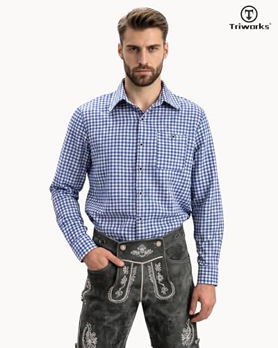TRIWORKS Trachtenhemd Herren Blau Langarm Kariert – Hemd Oktoberfest Herren mit Tasche, Atmungsaktiv & Pflegeleicht, Herrenhemd für Trachten & Festlichkeiten S