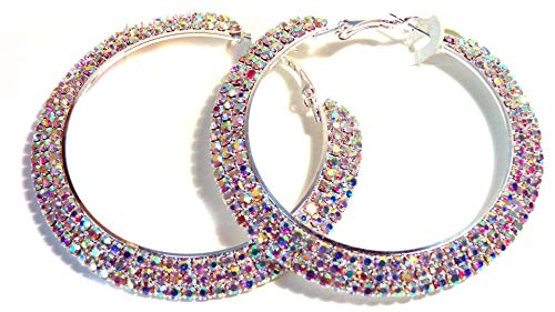 Crystal Iridescent Rhinestone Hoop Earrings 2.5 Inch ABS Rhodium Crystal Hoop Earrings