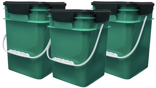 Image of House Naturals 4 Gallon Square Food Grade Bucket Pail with Plastic Handles and Lid (Pack of 3) Made in USA containers (Dark Green - Black lids)