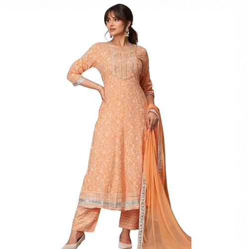 Women’s Cotton Anarkali Kurta Set | Floral Printed Long Kurti with Pant & Dupatta | Ethnic Wear for Festive, Casual & Daily Use (X-Large, Orange)
