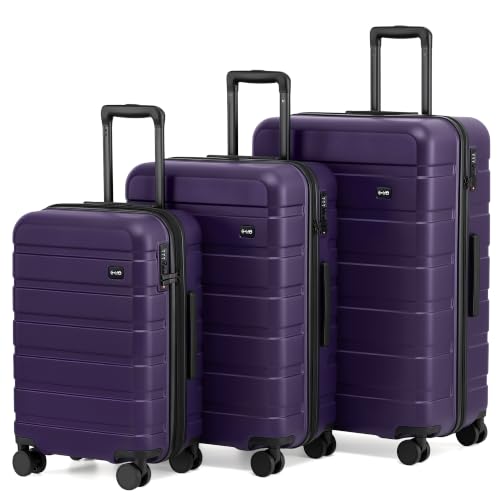 Image of Coolife Luggage Set, Lightweight Durable Hardshell, 3 piece, Deep Purple | Upgraded Polycarbonate Shell Suitcase,360 Spinner Double Wheels,Expandable(20''only),Tsa Lock,Aluminum Handle,Nested Design