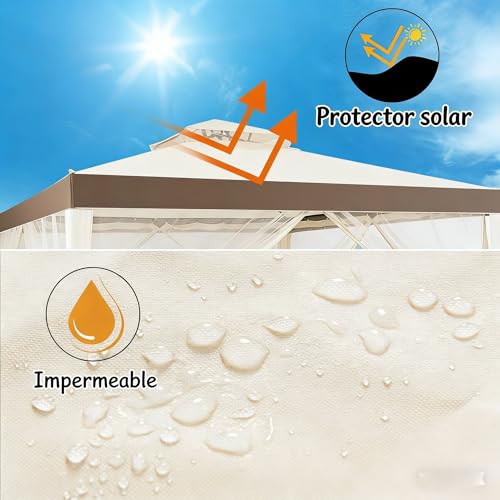 GOPLUS Carpa Plegable 3 X 3 M con Doble Techo, Pabellón Gazebo de Jardín Impermeable con 4 Mosquiteras Transparente, Cenador Metálica para Exterior Terraza,Camping (Beige) - imagen 8