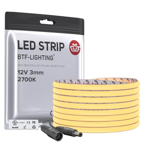 Image of BTF-LIGHTING 3mm Width Ultra Thin FCOB COB LED Strip,UL Listed Warm White 2700K Super Narrow Uniform Light,16.4FT DC12V CRI90+ LED Tape Light for Home Indoor DIY Lighting(No Adapter or Controller)
