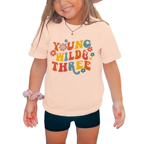Ritatte Young Wild and Three Shirt Toddler Girl 3rd Birthday T-Shirt Kid Cute Flower 3 Year Old Birthday Party Tee Top Outfit