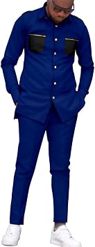 Mens Long Sleeve 2 Piece Outfit Dashiki Shirt and Pants Traditional Ethnic Suit Outwear Jacket Clothes for Wedding Color Blue, Size Medium