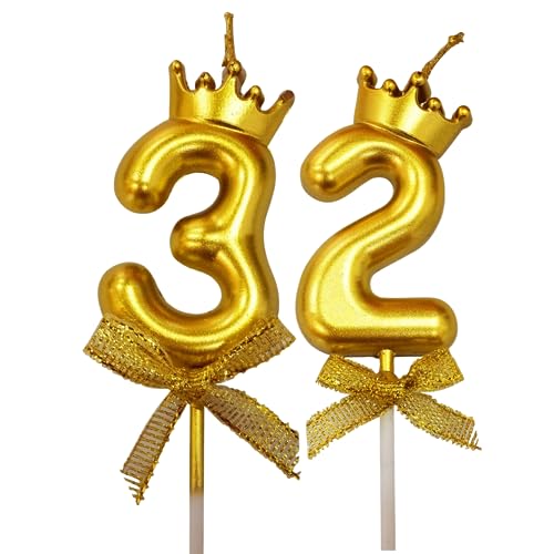 Image of 2 Pc 32 Number Candle for Birthday Cake Metallic Gold Number Candle with Crown on Top for Anniversary Cake Topper 32nd Birthday Cake Decoration (Pack of 2, Gold).