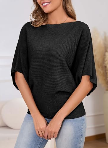 Image of MAKARTHY Womens Batwing Sleeves Knitted Dolman Pullovers Boat Neck Tops Sweatershirts