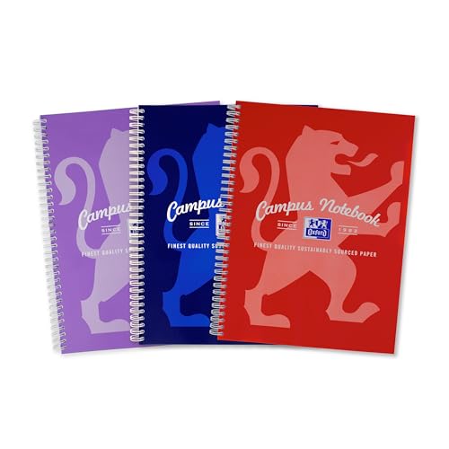 Oxford Campus A4 Notebook Wirebound 8 mm Lined with Margin 140 Page Pack of 3 Notepads Bright Colours Optik Paper+