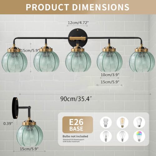 Image of 5-Light Bathroom Vanity Light Green Wall Lights Glass Globe Shade | Mid Century Modern Vintage Wall Sconce Vanity Lights 27.2Inch Long, 5.9Inch Glass Shade E26 Base,Over Mirror Bedroom Hallway
