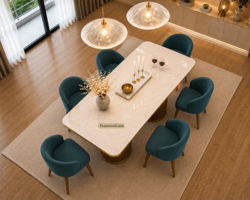 Image of 6 Seater Dining Table and Chair with Nano Composite Marble Top and Golden Strip Set | 72 x 36 x 30 Inch Solid Wood Base with Swed Fabric Finish Dining Furniture for Home (Sea Blue)