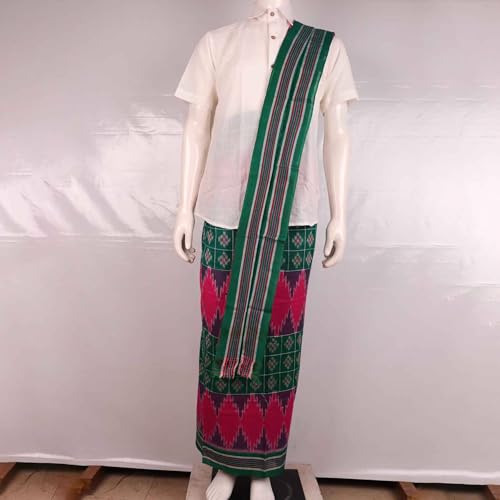 Image of Authentic Sambalpuri Handloom Cotton Unstitched Dhoti with Utari for Men | Traditional Odisha Weave Ikat Dhoti for Festive & Religious Wear