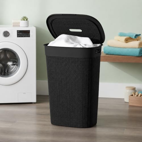 Image of KITCHIVO Plastic Large 55 Ltr Laundry Basket with Lid & Handle | Multipurpose Hamper Bins Storing Washable Clothes, Blankets | Household Ideal for Home & Bathroom (Woods Black)