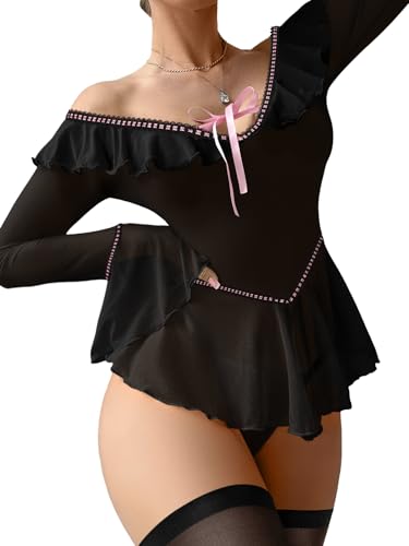 Image of Foxiny Sheer Ruffle Long Sleeve Babydoll Lingerie Dress | Off-shoulder neckline, flared cuffs and a flounce hem add movement; thong and thigh-high stockings complete the 3-piece set