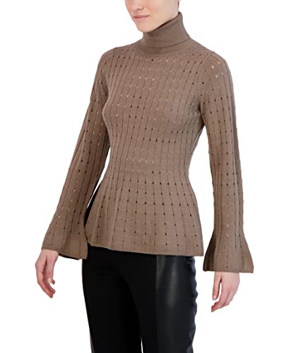 BCBGMAXAZRIA Women's Fitted Peplum Sweater Long Sleeve Bell Cuff Turtle Neck Ruffle Hem Top2