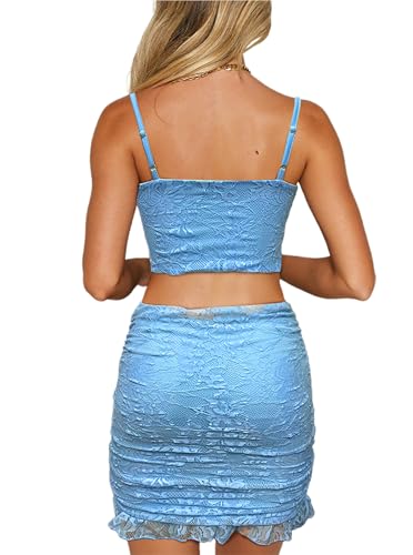 CSDAJIO 2 Piece Outfits for Women Lace Open Front Tie Up Cami Shirt Ruffle Crop Top and Bodycon Mini Skirt Set2