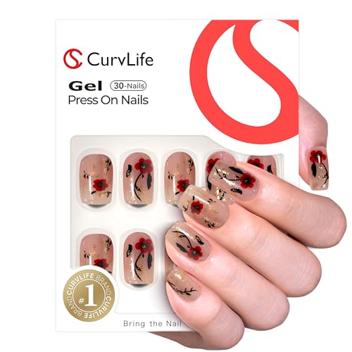 CurvLife Medium Square Floral Press On Nails, Red Bloom, Soft Gel