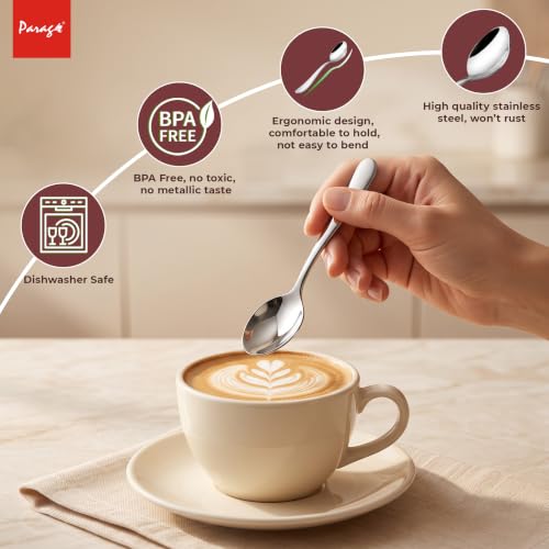 Image of Parage Tiara Stainless Steel Coffee Spoon Set of 6, 11.7 cm Length Small Tea Spoons, 2mm Thickness Heavy Gauge Mirror Finish Cutlery for Tea Coffee Dessert Home Kitchen Dining